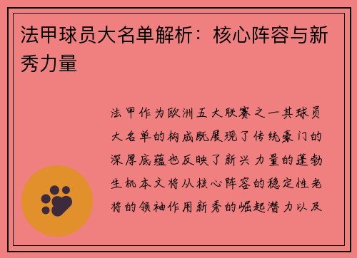 法甲球员大名单解析：核心阵容与新秀力量