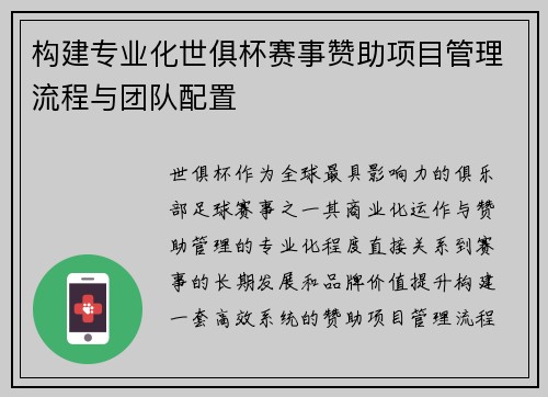 构建专业化世俱杯赛事赞助项目管理流程与团队配置