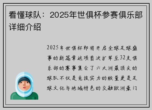 看懂球队：2025年世俱杯参赛俱乐部详细介绍