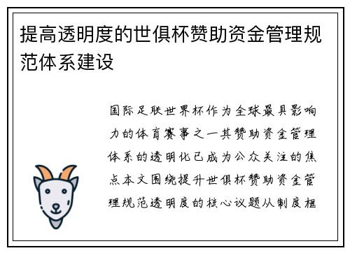 提高透明度的世俱杯赞助资金管理规范体系建设